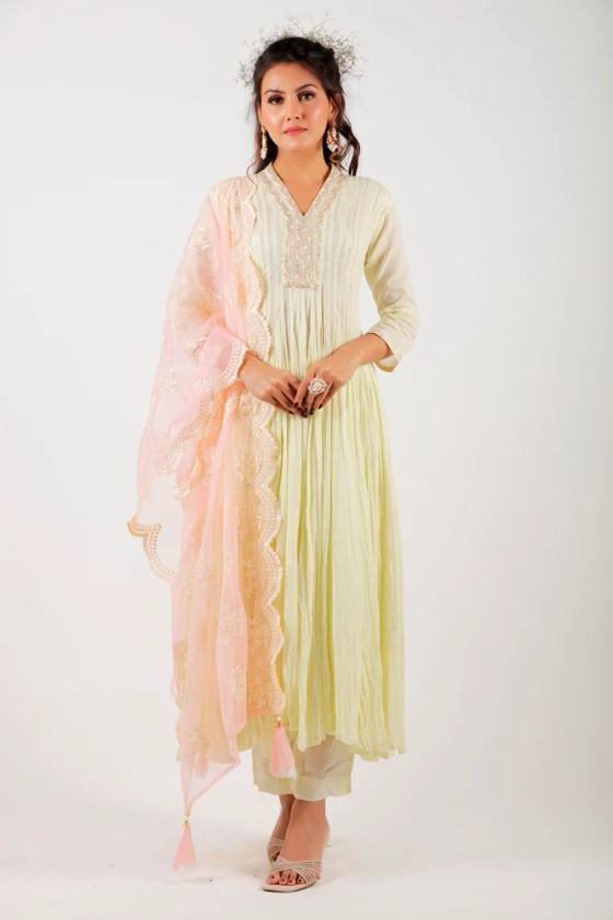 Lime Yellow & Pink Anarkali Kurta Set