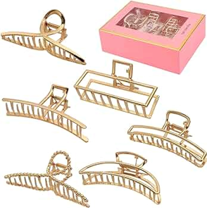 LUKACY 6 Pack Large Metal Hair Claw Clips - 4 Inch Big gold hair clips,Perfect Jaw hair clamps for Women and Thinner,Thick hair styling,Strong Hold Hair,Fashion Hair Accessories (Style 1)