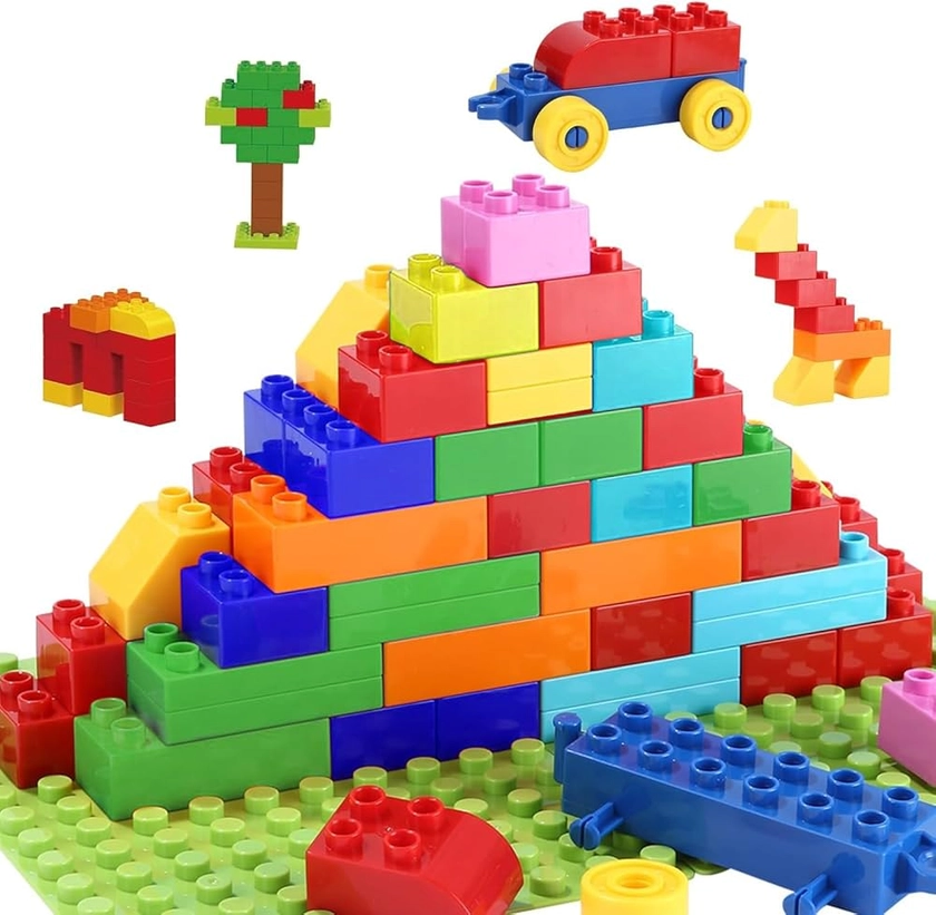 LEAZZLE Jeu de Construction, Compatibles Gros Blocs de Construction,Grands Jeux de Construction pour Les Enfants-Petits à partir de 2 Ans avec boîte en Pierre - Multicolore,73 PCS Briques à Empiler