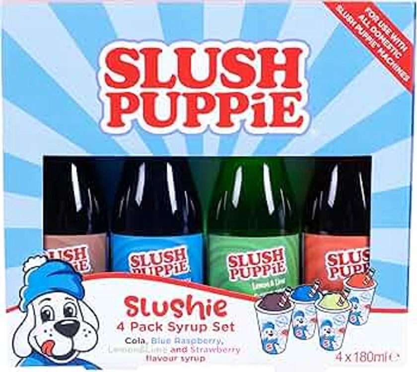 Slush Puppie Syrup Pack of 4 Assorted Flavours. Includes Iconic Blue Raspberry, Strawberry, Cola, Lemon & Lime flavours. 4 x 180ml Bottles. Officially Licensed Slush Puppy Merchandise.