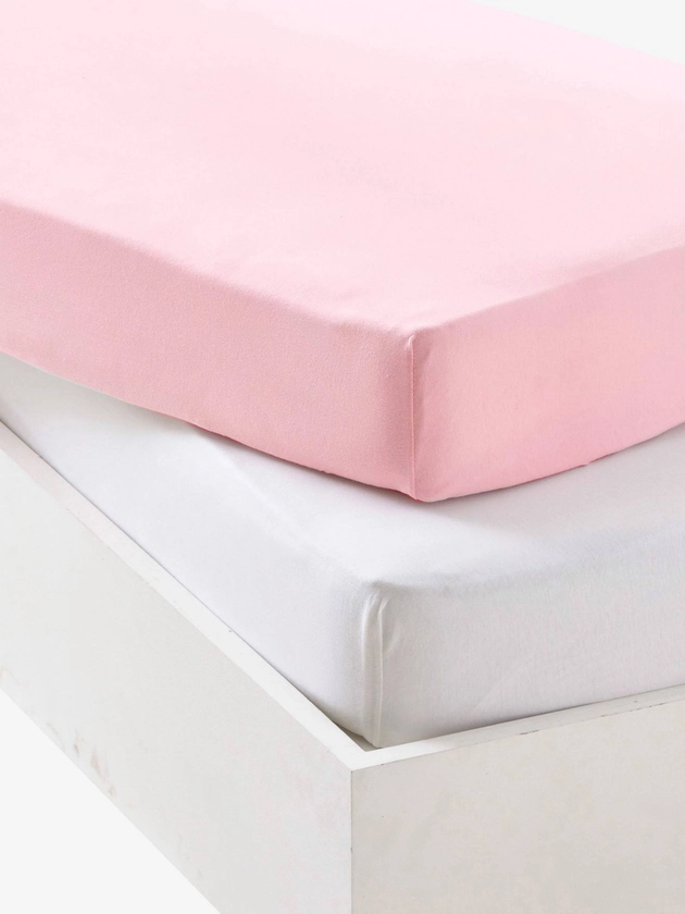 Lot de 2 draps-housses bébé en jersey extensible - rose pâle + blanc