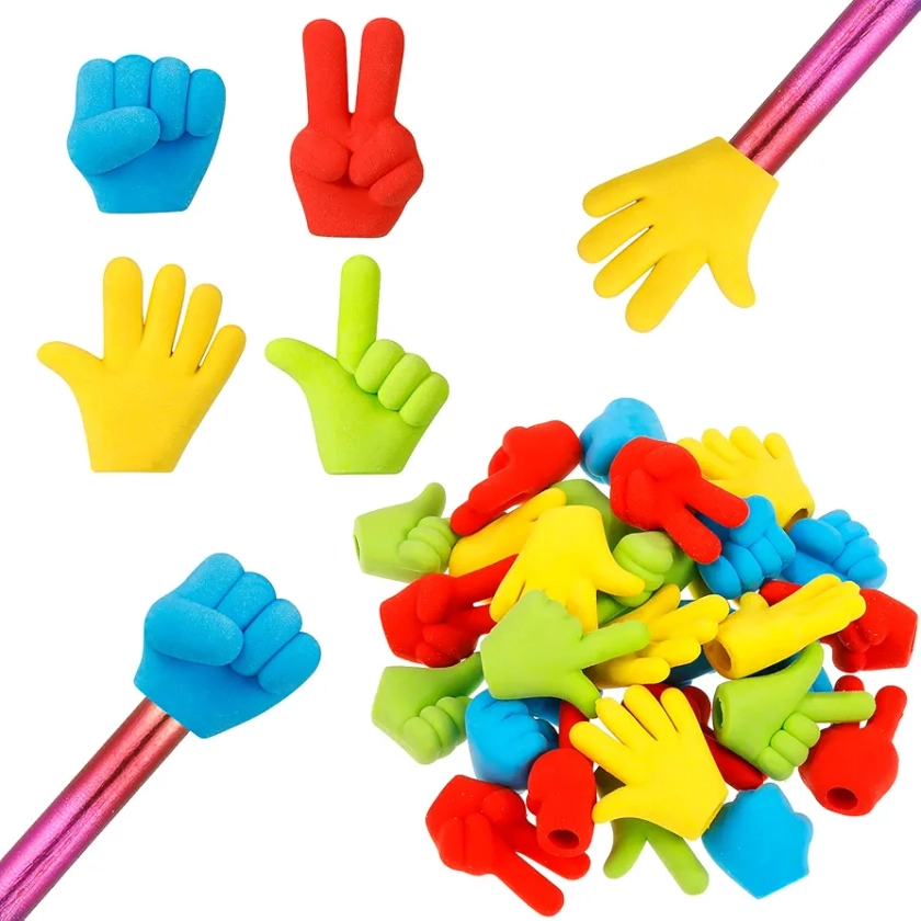 Pencil Erasers Rubber Pencil Top Erasers Funny Pencil Eraser Toppers Rock Paper Scissors Erasers Pencil Top Erasers Cap Studying Supplies for Kids, Students, Teachers, 4 Colors (30 Pieces)