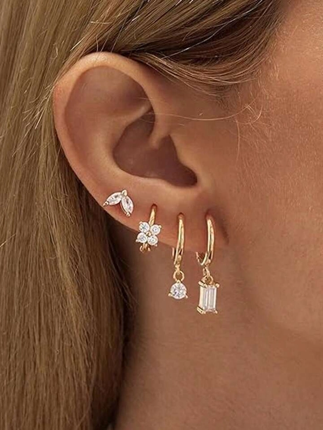 HOTNICE 3-Piece Set Of Women's Single Earrings, Moon Colored Zirconia, Star Shaped Double Headed Earrings, Three Hole Earrings, Stacked, Only Available For Single Ear Earrings Quantity