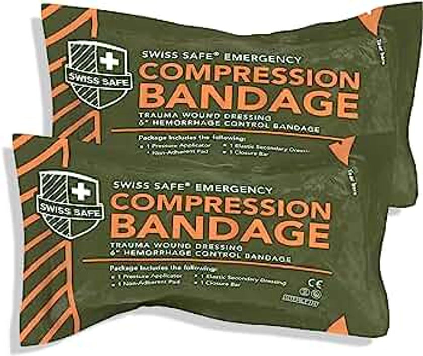 Swiss Safe Israeli Bandages - [STERILE] - Authentic Pad w/Compact Design - Tactical Emergency Compression Bandage for Wound Dressing, Gunshot, First Aid and Trauma Kit - 6 Inch, 2-Pack