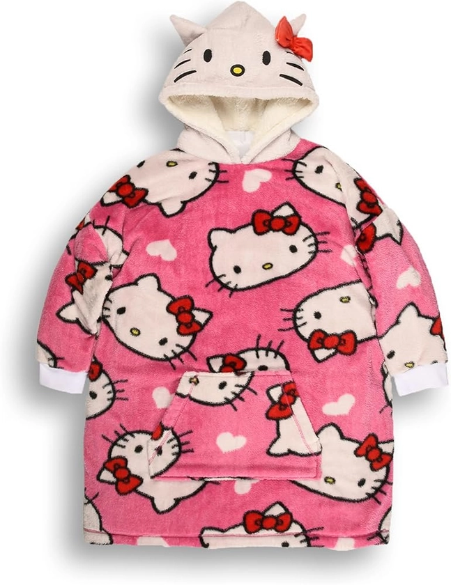 Women's Hello Kitty Blanket Hoodie – Soft Sherpa Fleece Lined, Pink All-Over Print Cosy Loungewear with 3D Ears and Bow | One Size