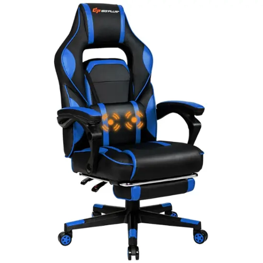 Costway - Gaming Massage Reclining Racing Chair with Footrest - Blue