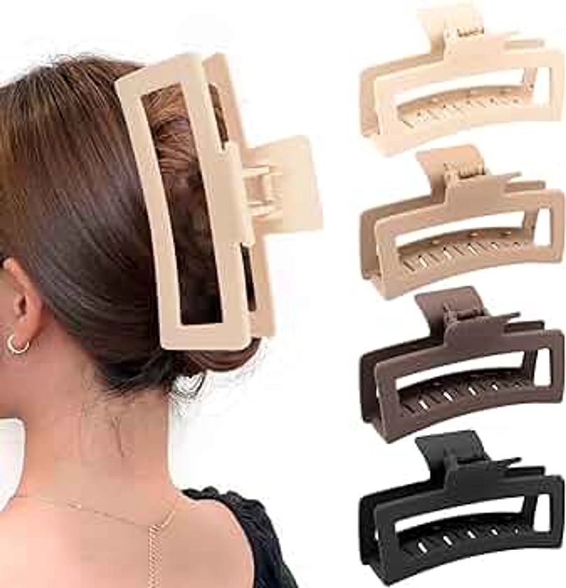 5 Inche Extra Large Claw Clips for Thick Hair and Long Hair, 4 Pack Xl Jumbo Claw clips, Oversized Matte Non-slip Rectangle Hair Clips for Women, Big Strong Hold Jaw Clip,Neutral Color