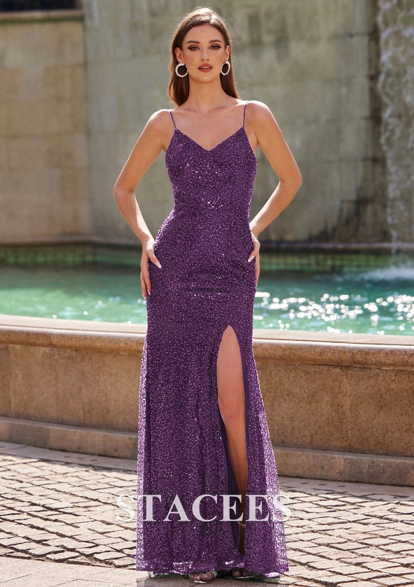 Sheath/Column V Neck Sleeveless Floor-Length Sequined Prom Dress with Beading Split S7746P - Prom Dresses - Stacees 