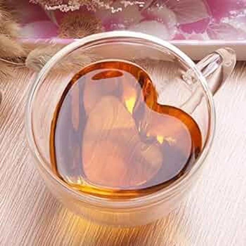 EASICOZI Heart Shaped Double Walled Insulated Glass Coffee Mugs or Aesthetic Tea Cups, Double Wall Glass 8 oz, Clear