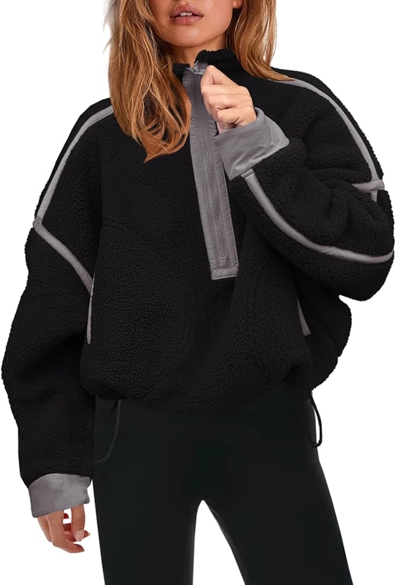 Panadila Womens Half Zip Sherpa Fleece Pullover Soft Oversized Sweatshirt with Pockets Warm Fuzzy Sweater