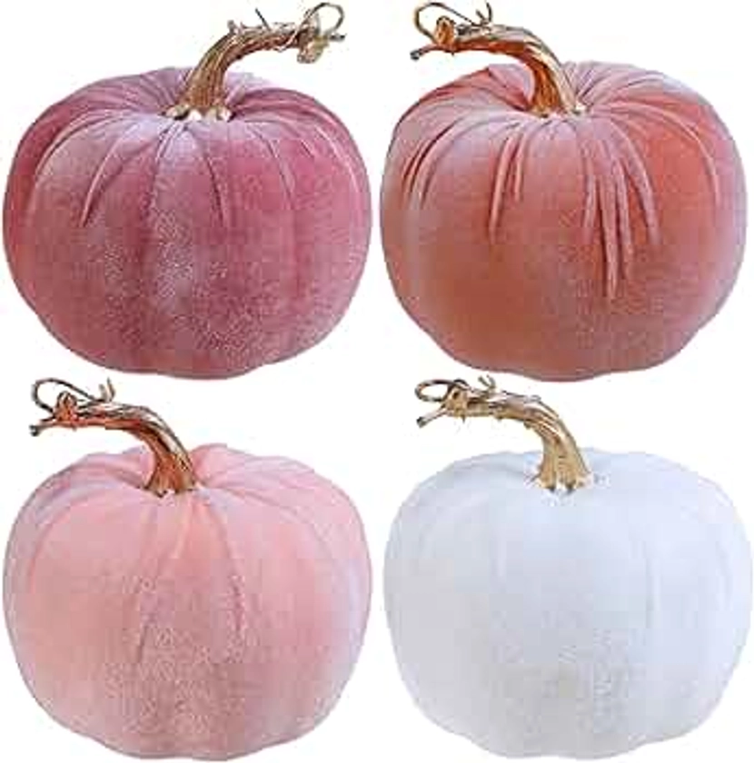 Winlyn Set of 4 Faux Pink Velvet Pumpkins Gold Stemmed Pumpkins Blush Coral Pink Peach Cream Decorative Fabric Pumpkins 5" for Fall Wedding Baby Shower Thanksgiving Halloween Table Centerpiece Décor