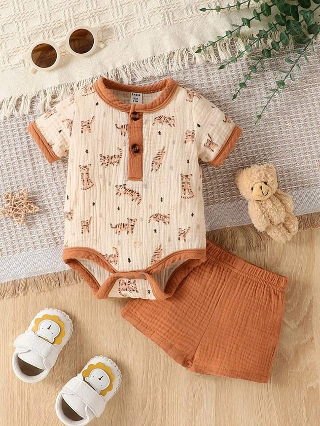 SHEIN Summer Newborn Baby Boy Tiger Printed T-Shirt & Shorts Set