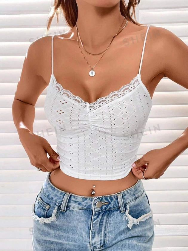 SHEIN EZwear Summer Going Out Eyelet Embroidery Lace Trim Ruched Bust White Cami Top