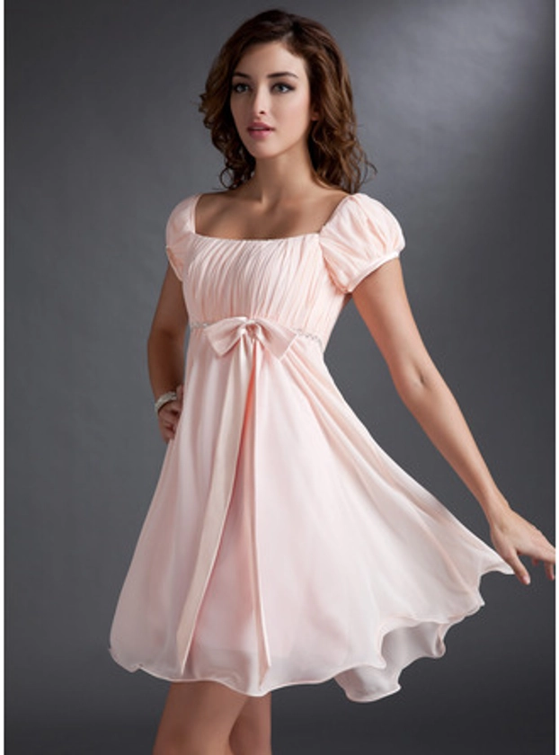 [US$ 199] A-line Square Short Chiffon Homecoming Dress With Bow Ruffle Beading - JJ's House