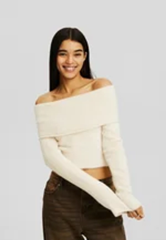 FUZZY OFF-THE-SHOULDER - Pullover - sand