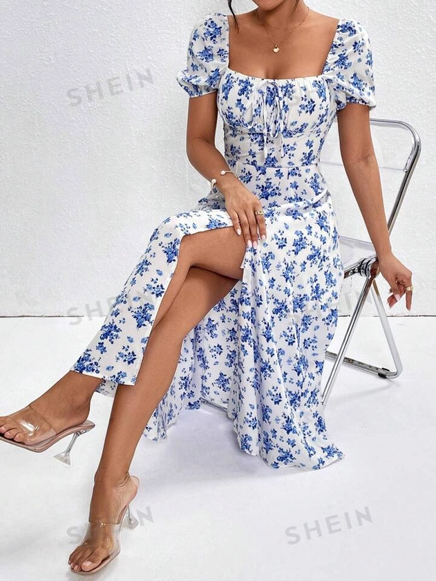 SHEIN PETITE Floral Print Knot Front Split Thigh Dress