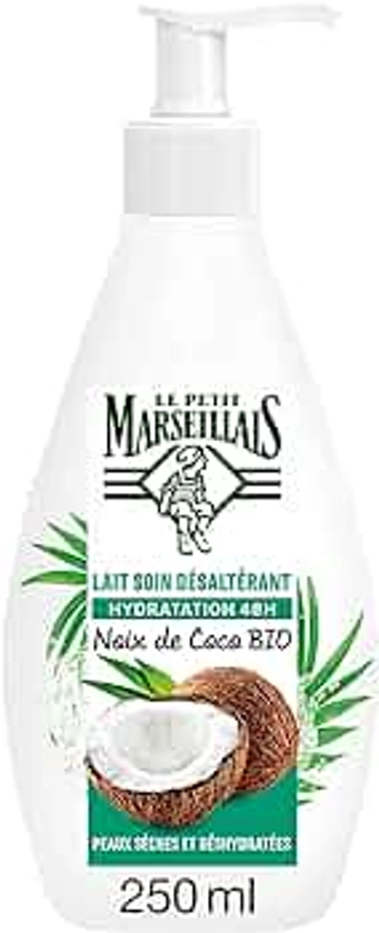 Le Petit Marseillais | Lait Soin Désaltérant Noix de Coco Bio (flacon-pompe de 250 ml) – Lait corps hydratation 48h pour peaux sèches et déshydratées – 95 % d'ingrédients d'origine naturelle