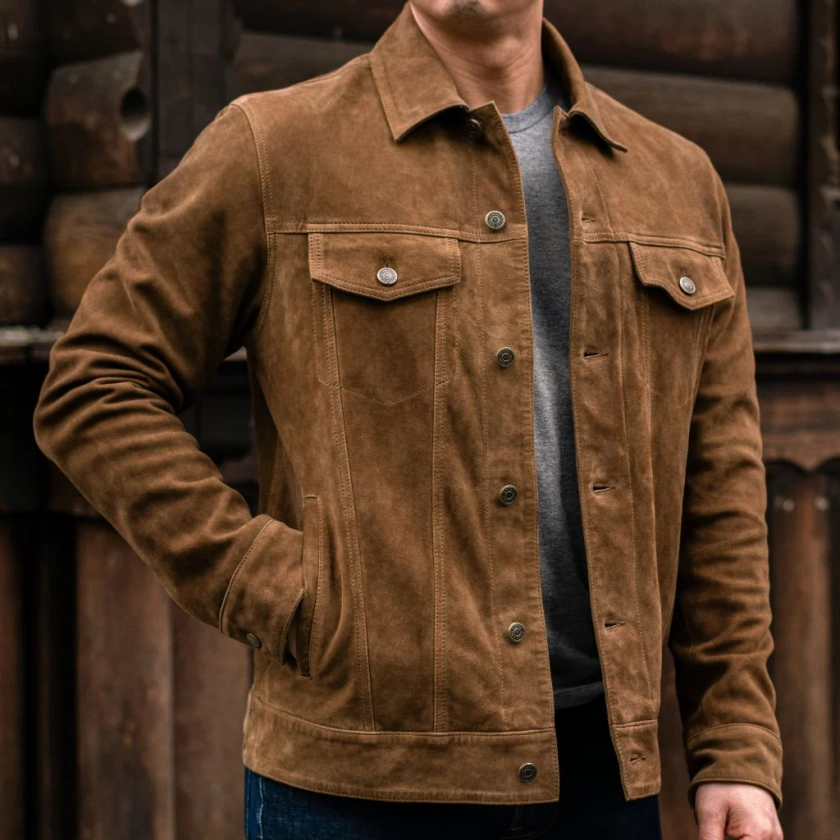 Men's Suede Trucker Jacket in Dusty Tan - Thursday