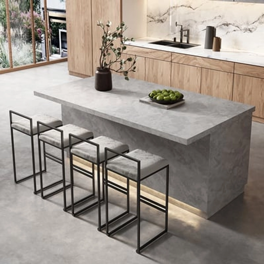 72'' Japandi Concrete Gray Wooden Kitchen lsland Storage Kitchen Cabinet with Light | Homary 