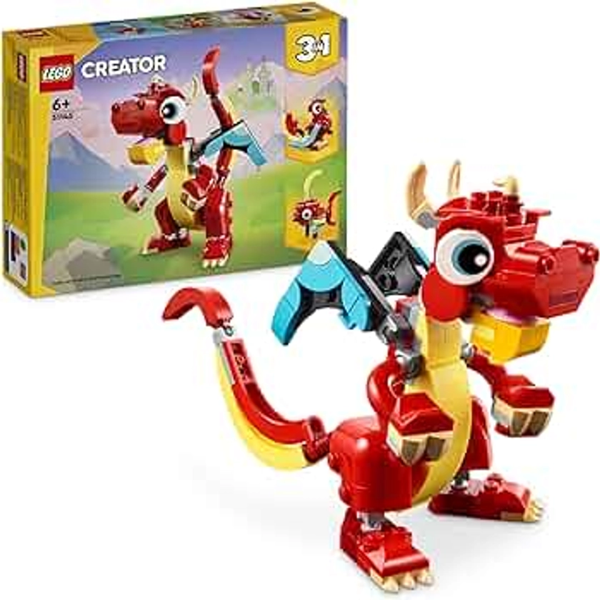 LEGO Creator 3-en-1 Le Dragon Rouge, Jouet avec 3 Figurines d'animaux, Dont Un Dragon Rouge, Un Poisson et Un Phénix, Set Animaux pour Enfants, Cadeau pour Garçons et Filles, Dès 6 Ans 31145