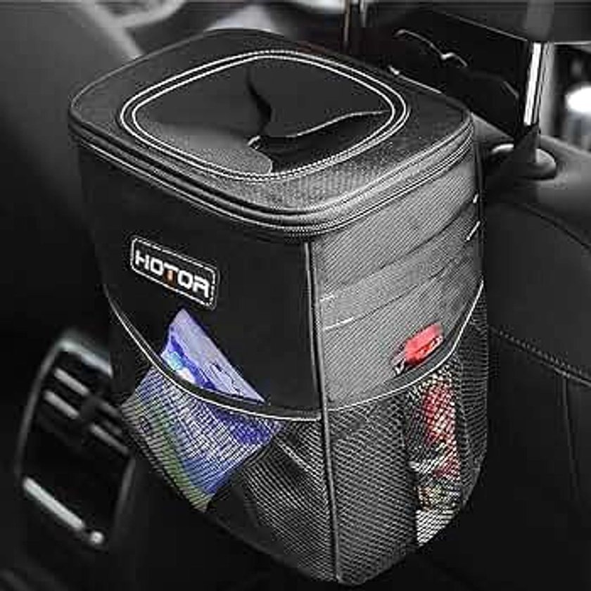 HOTOR Car Trash Can with Lid and Storage Pockets - 100% Leak-Proof Organizer, Waterproof Garbage Can, Multipurpose Trash Bin for Car, 2 Gallons, Black