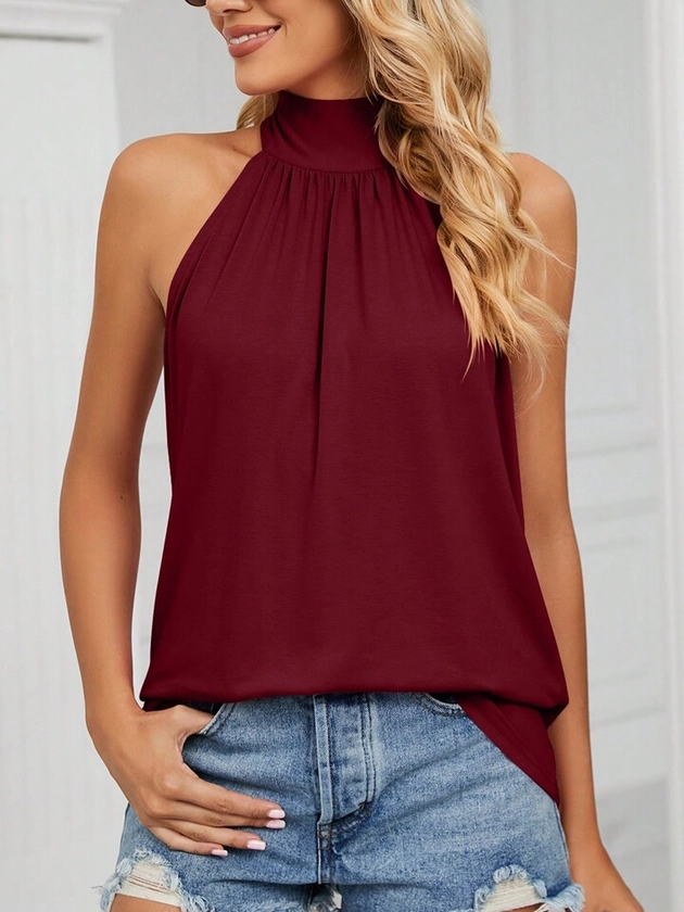 Womens Tank Tops Casual Flowy Vest Halter Shirts Sleeveless Soft Summer Pleated Eyelet Loose Fit Tees Cami Blouses | SHEIN USA