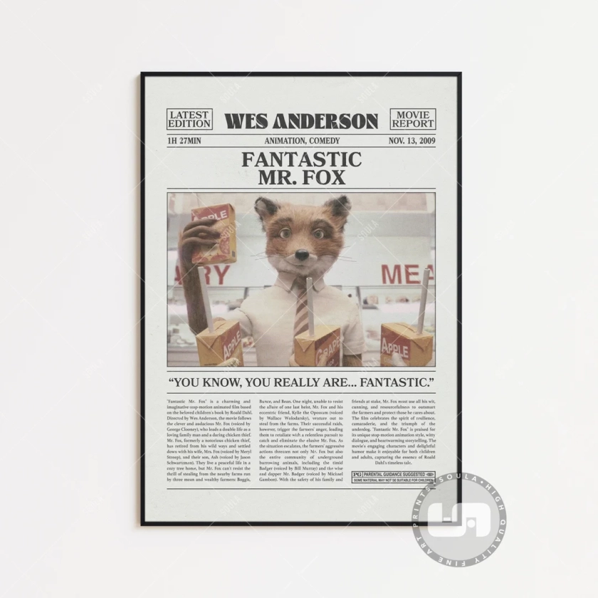 Fantastic Mr. Fox Poster, Wes Anderson, Retro Newspaper Movie Poster, Black White Wall Art, Vintage Retro Art Print