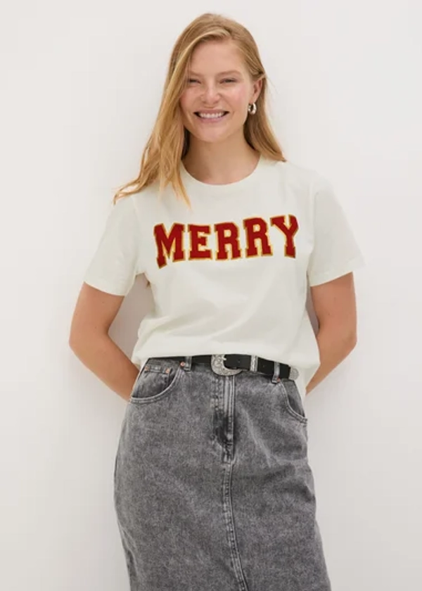 Cream Merry Slogan T-Shirt - Extra Large