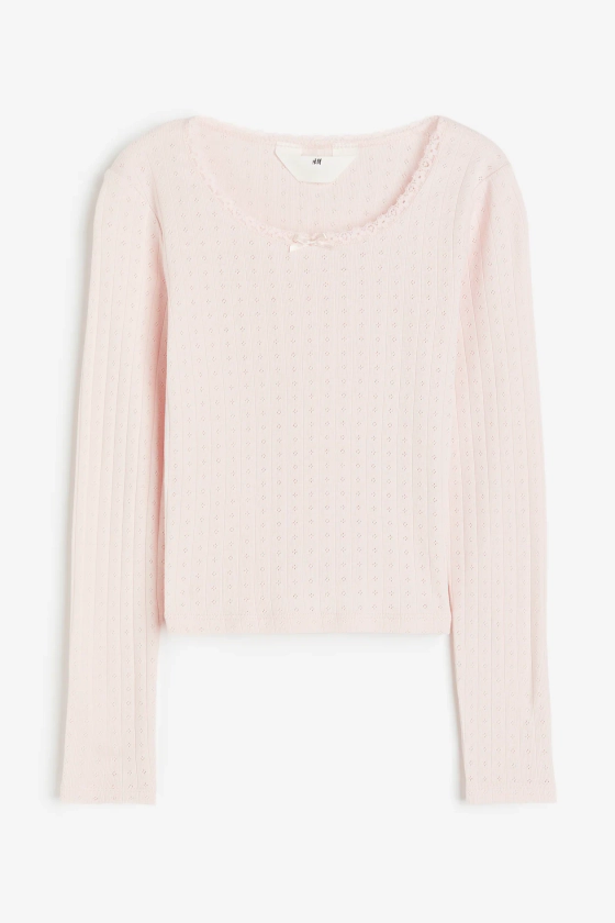 Top en jersey pointelle avec dentelle - Encolure ronde - Manches longues - Rose clair - ENFANT | H&M FR