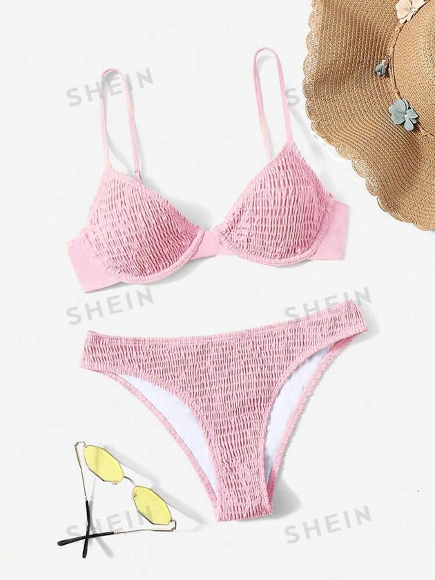 SHEIN Swim Smocked Underwire Bikini Set For Summer Beach