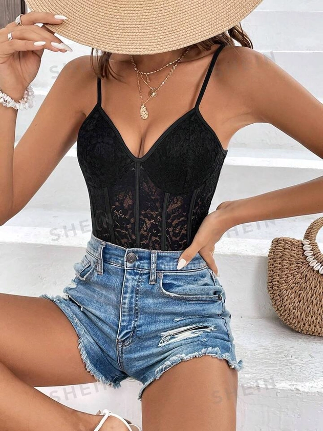 SHEIN VCAY Solid Lace Cami Bodysuit