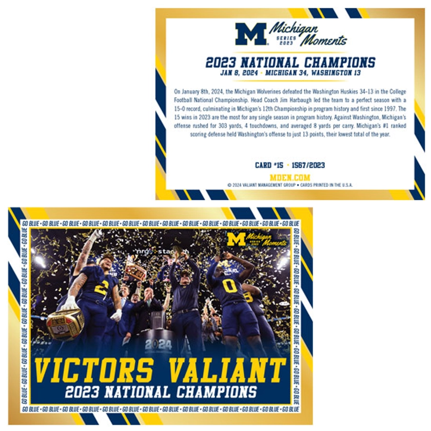 Valiant University of Michigan Football 2023 ''Michigan Moments'' Limited Edition Trading Card: National Champions vs. Washington [of 2023 Cards]
