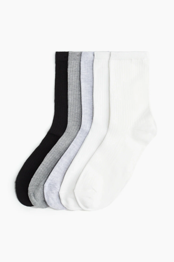 Lot de 5 paires de chaussettes en maille côtelée - Blanc/gris clair chiné/noir - FEMME | H&M FR