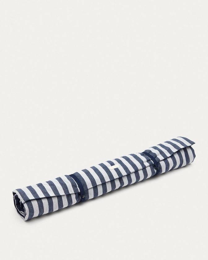 Manta portátil para mascota Tabby 100% algodón combinado de rayas gris y azul 80 x 100 cm | Kave Home