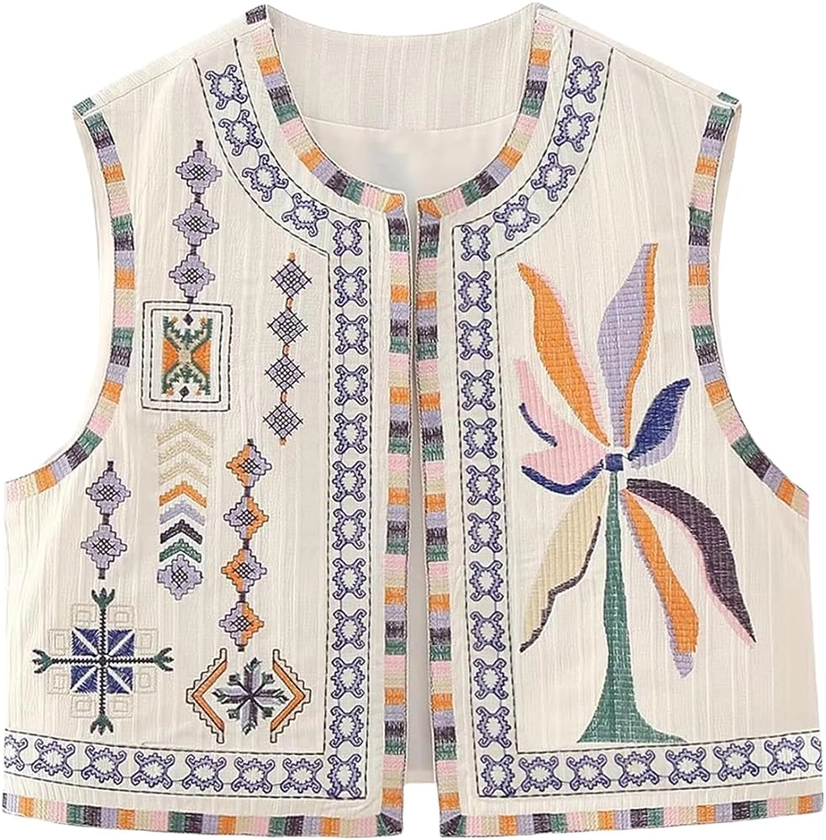 Women’s Vintage Embroidery Vest Grunge Sleeveless Round Neck Open Front Jackets Boho Casual Outwear Tops