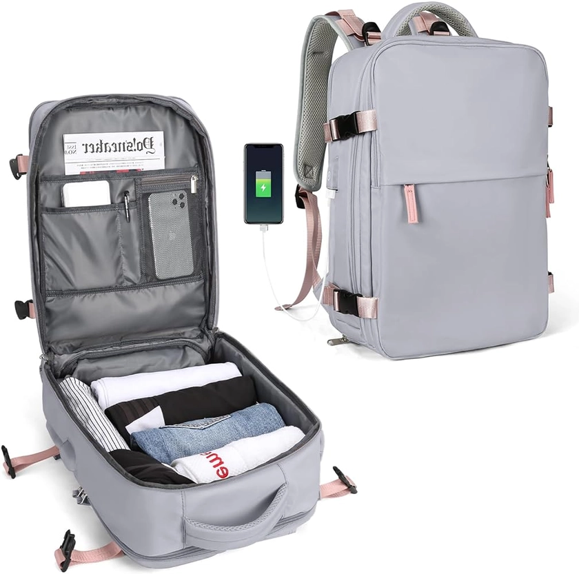 Large Travel Backpack Women, Carry On Backpack Men,Hiking Backpack Waterproof Outdoor Sports Rucksack Casual Daypack School Bag Fit 14 Inch Laptop with USB Charging Port Shoes Compartment Grey : Amazon.co.uk: Sports & Outdoors