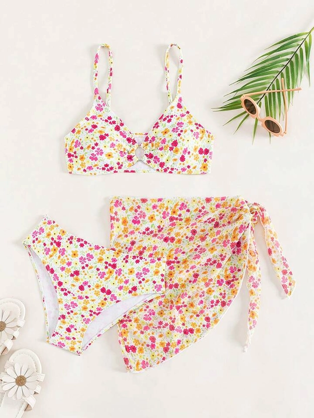 Teen Girl Floral Print Bikini Swimsuit With Beach Skirt