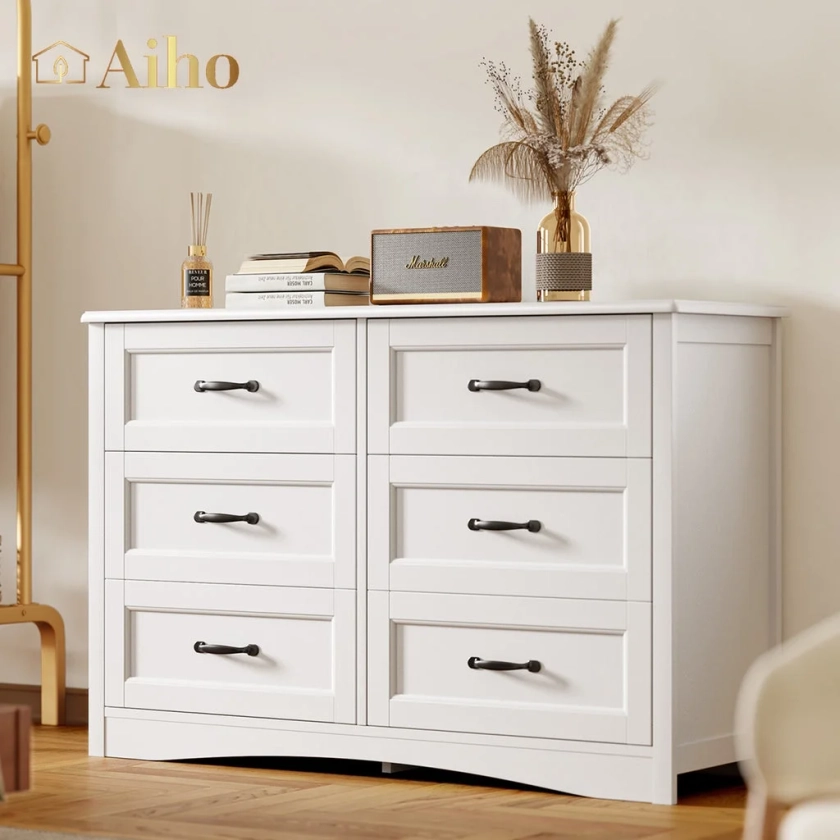 Aiho Dresser for Bedroom with 6 Drawers, Wood Wide Chest of Drawers, Pull Drawers for Bedroom, Home, Living Room, Hallway - White