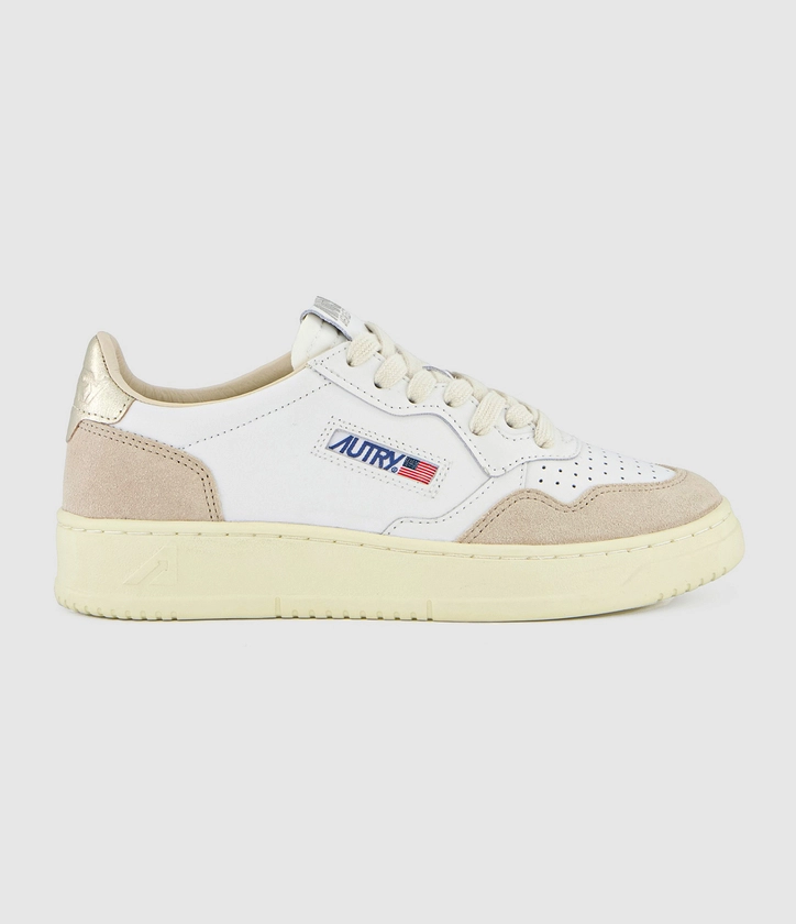 AUTRY - Baskets Medalist Low Wom Leat/Suede Wht/Gold Cuir