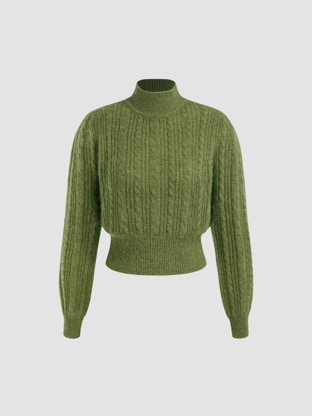 Wool-blend Cable Knit High Neck Solid Long Sleeve Top
