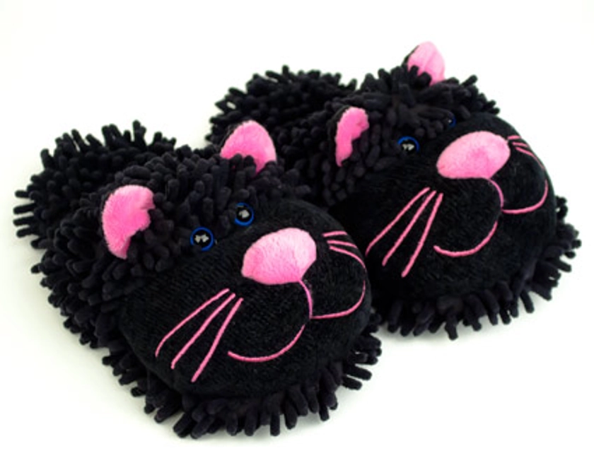 Fuzzy Black Cat Slippers