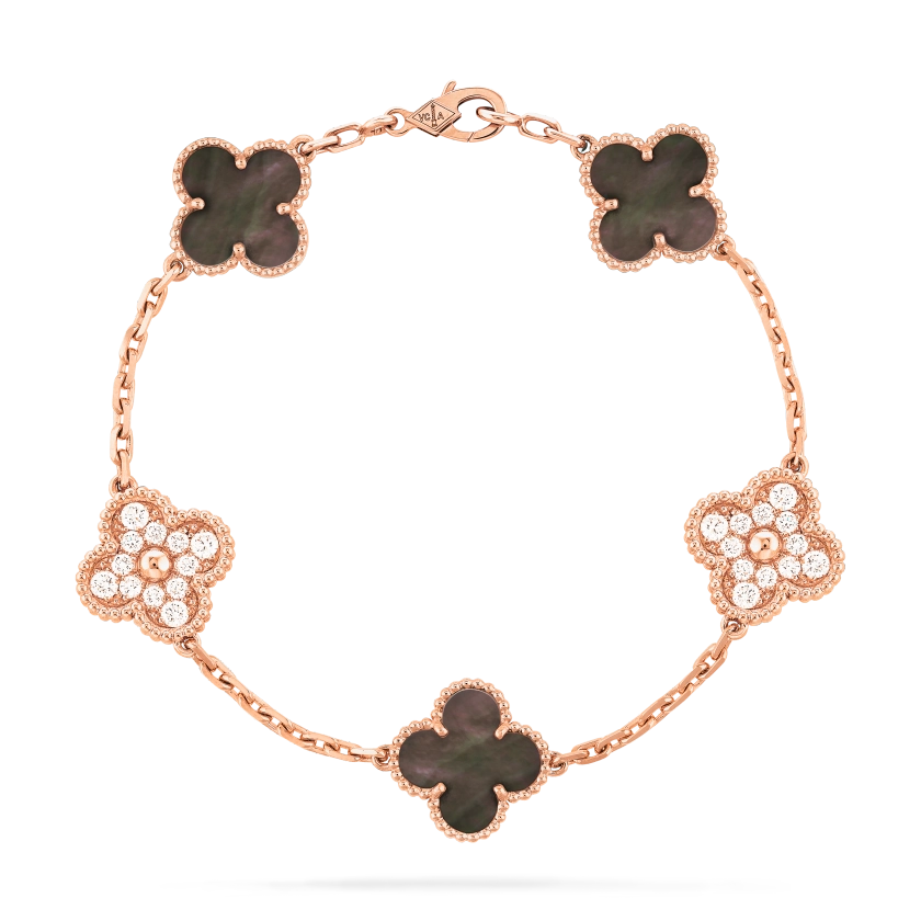 Vintage Alhambra bracelet, 5 motifs 18K rose gold, Diamond, Mother-of-pearl - Van Cleef & Arpels