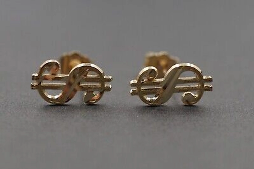 10K Solid Yellow Gold 11.5MM Diamond Cut Shine Money Dollar Sign Stud Earring,