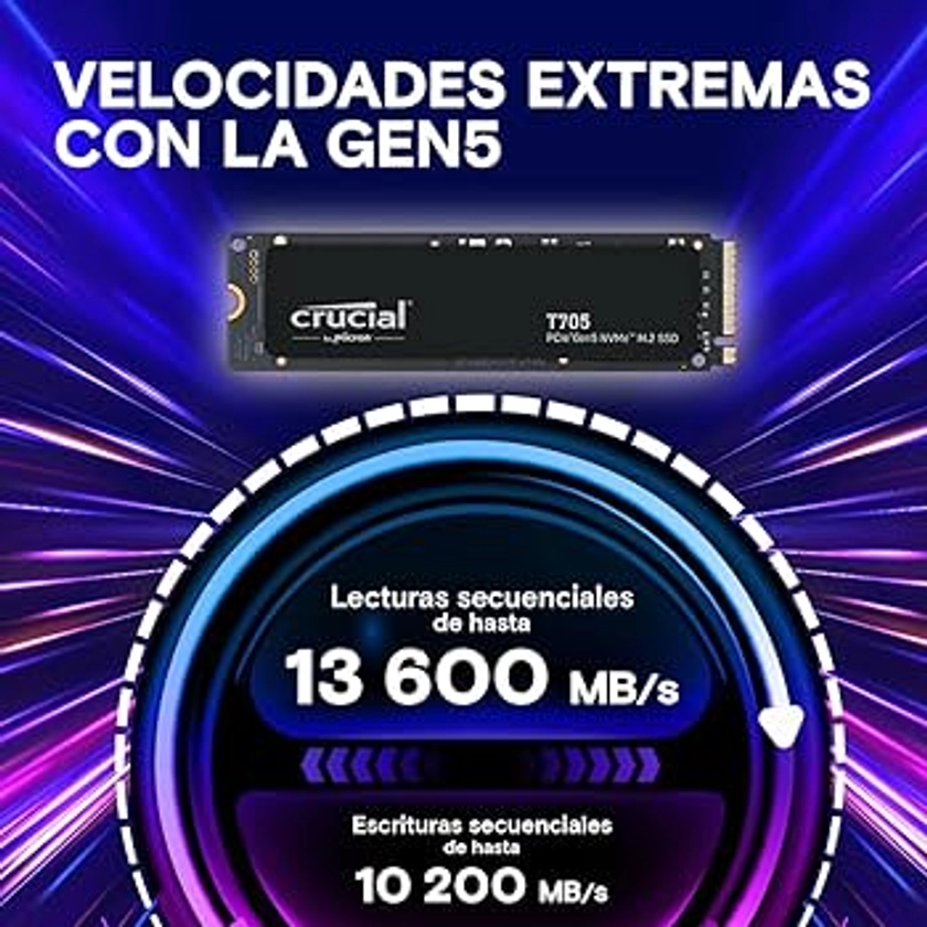 Crucial T705 SSD 1TB PCIe Gen5 NVMe M.2 SSD Interno Gaming, Hasta 13.600MB/s, Microsoft DirectStorage, Compatibilidad PCIe 4.0, Disco Duro SSD - CT1000T705SSD3