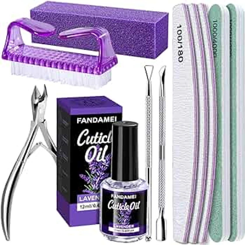 FANDAMEI Nail Files and Buffers, Nail Cuticle Remover Kit with Nail File, Nail Buffer, Nail Buffer Block, Cuticle Nipper, Cuticle Pusher, Cuticle Peeler. Nail Cuticle Oil Lavender for Nail Care