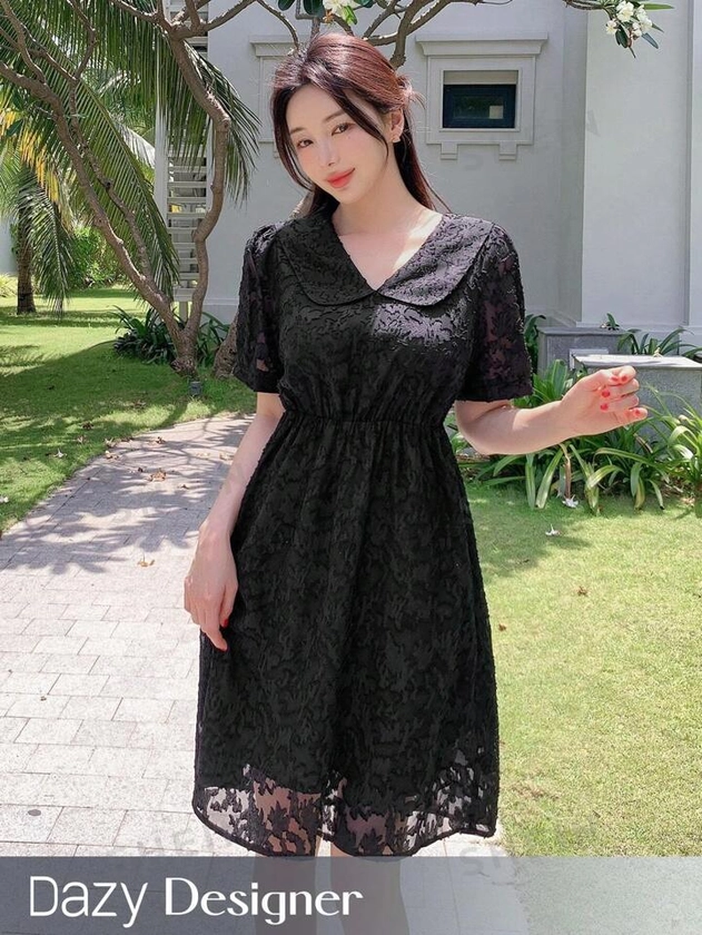 Dazy Designer Vestido de verano para mujer con cuello de muñeca, manga corta y diseño bonito
