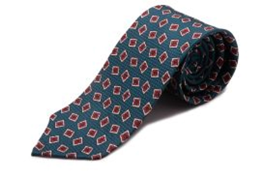 Aqua Green Jacquard Woven Tie with Printed Diamonds in Orange Red and White - Fort Belvedere