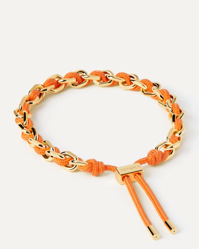 Golden chain bracelet with intertwined orange rope and adjustable s... | Tangerine Rope and Chain Bracelet | PDPAOLA