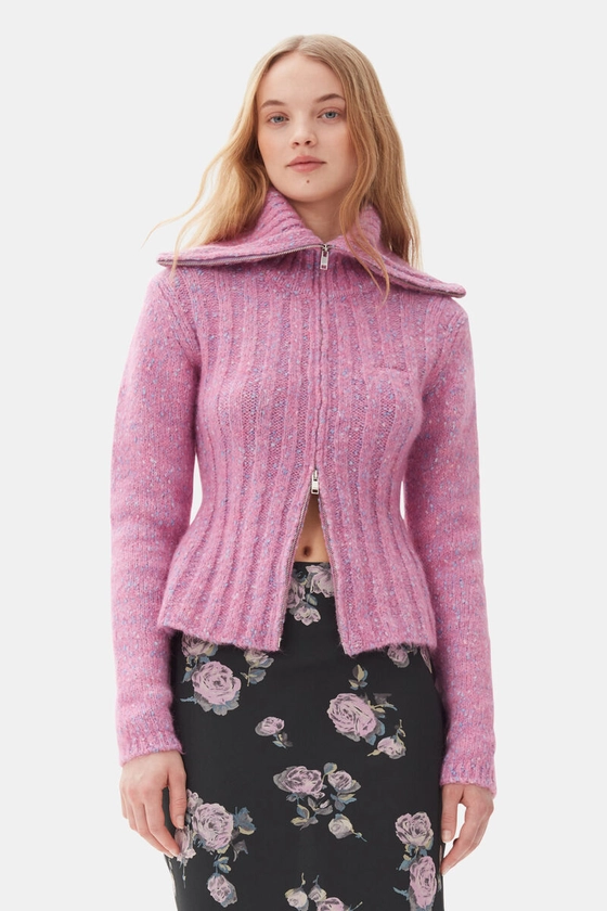 Pink Highneck Zip Cardigan