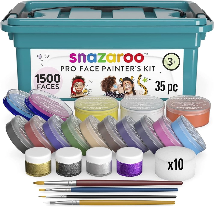 Snazaroo Professional Face Paint Kit for Kids and Adults, 35 Pieces, 15 Colours, Brushes, Glitter Gels, Sponges, Guide, Water Based, Easily Washable, Non-Toxic, Makeup, Body Painting : Amazon.co.uk: Toys & Games